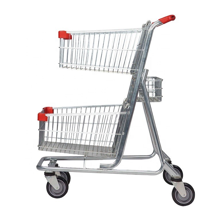 Heavy Duty Supermarket Carts Wheel Basket Trolley Double Basket
