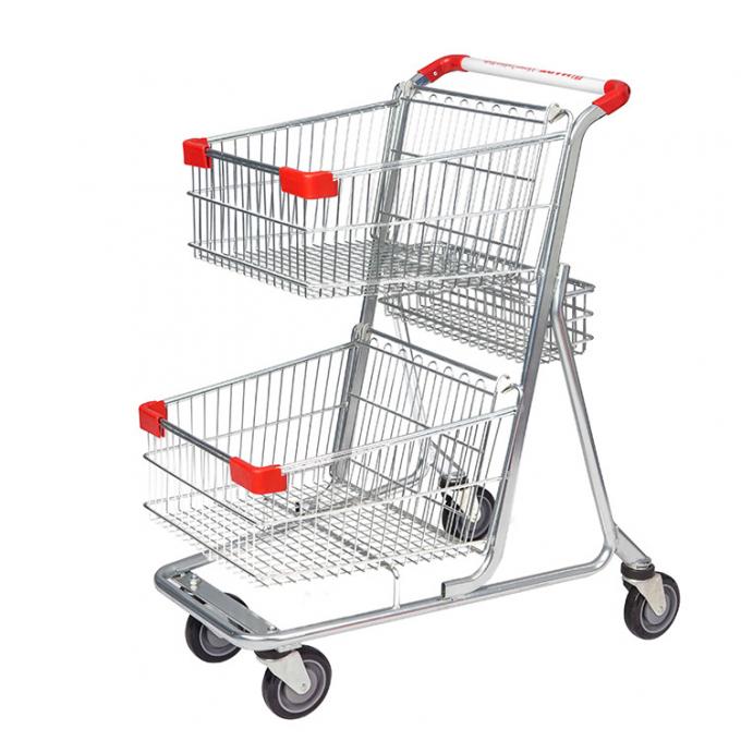 Heavy Duty Supermarket Carts Wheel Basket Trolley Double Basket